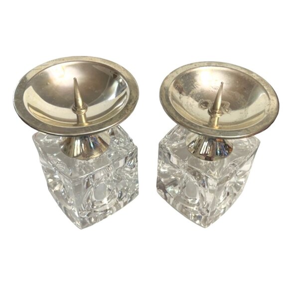 Vtg Rudolf Jurnikl Cut Glass Cube Candle Holder Chromed Silver Spike Sklo Union - Picture 2 of 5